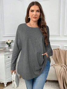 SHEIN Privé Plus Size Elegant Casual Vacation Loose Fit Long Sleeve Round Neck Solid Color Basic Layering Umbrella Hem T-Shirt Gray Top Long Sleeve Top Sweater For Women Gray Sweater Grey Top Tops For Women Gray Top For Women/Fall/Winter Long Sleeve Gray Top Grey Tops For Women