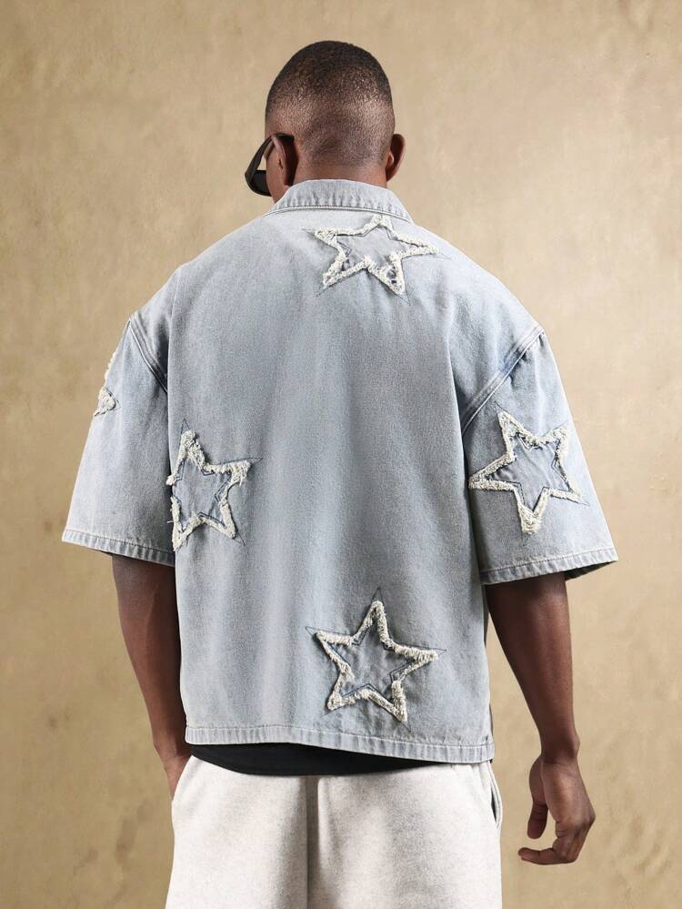 Distressed Star Applique Denim Shirt With Frayed Edges