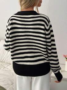 EURMUSE Women Button Front Black And White Striped Heart Embroidery Detailed Cozy Loose Fit Drop Shoulder Cardigan,Long Cardigans Woman,Petite Cardigans,Cardigans - Black and White - View 3