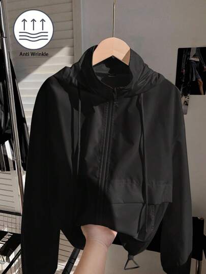Comfortcana Plus Size Black Casual Solid Color Hooded Drawstring Loose Cardigan Jacket Winter Fall Autumn
