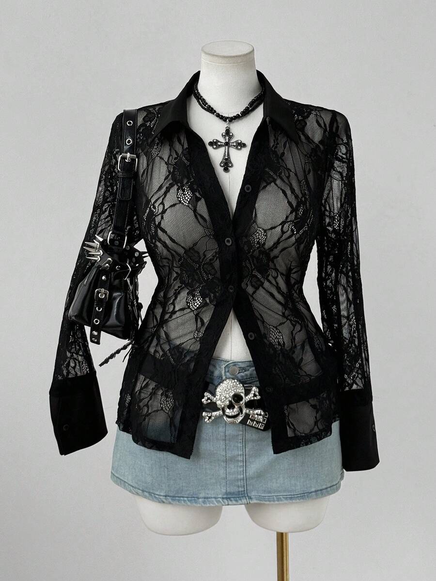 Sunspun 大码女式蕾丝镂空透视长袖上衣 - 黑色 - 查看 1