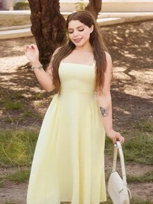 Lupita Cardoza Women's Elegant Minimalist Summer Beach Vacation Yellow Ruched Textured Fabric Camisole Midi A-Line Dress, Butter Yellow Dress