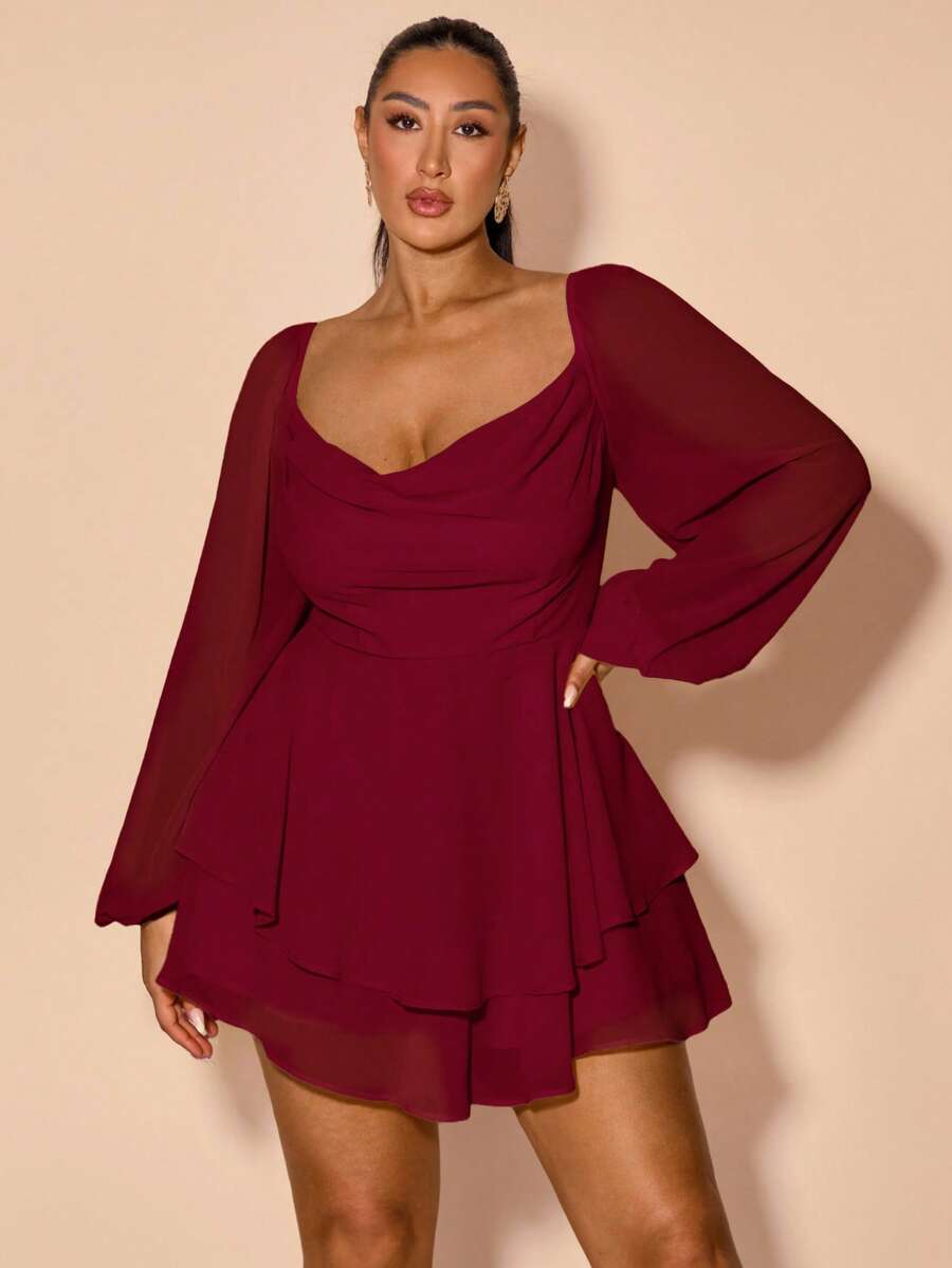 SHEIN BAE Plus Size Women's Early Spring/Fall Long Sleeve Daily/Holiday/Party Plunging Neck Draped Slit Black Solid A-Line Satin Sexy Mini Jumpsuit For Vacation/ Plus Size Wine Dress/ Long Sleeve Elegant Dress/ Plus Size Romper Dress,Fall Clothes For Women,Valentine's Day,Valentine Outfits For Women