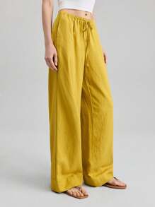 Ontre 2025 New Styles For Women Fall Women's Clothing Seasonal Clothing Fall Clothing Fall Back To School School Clothing 2000s Style Women's Country Clothing Old Money Style Women's Office Clothing Business Casual Women's Clothing Dating Outing Airport Party Clothing Solid Color Casual Daily Drawstring Loose Leg Trousers Low-Key And Durable Basic Style, All-Match And Suitable For Everyone, Street Fashion Wear, Coffee Shop Wear, Relaxed Wear All-Season - Yellow - View 4