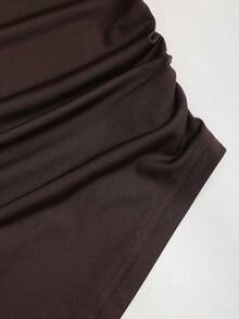 Sweetra Women's Coffee Color Asymmetrical Neck Long Sleeve Top & Minimalist Drawstring Waist Casual Pants, Summer Fall Cloth For Women - Coffee Brown - View 6