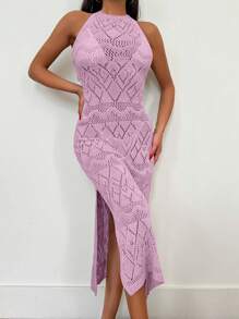 SHEIN Tall Cover-Up Dress With Hole, Slit, Halter Neck, - Baby Pink - View 4