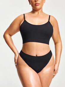 SHAPORA Plus Size Women Seamless Solid Color Casual Comfortable Underwear Set - Black - View 1