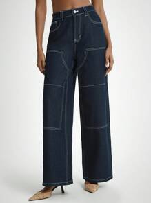 Daynim Women's Casual Vacation Button Fly Wide Leg Jeans Casual Pants Going Out Pants - Dark Wash - View 1