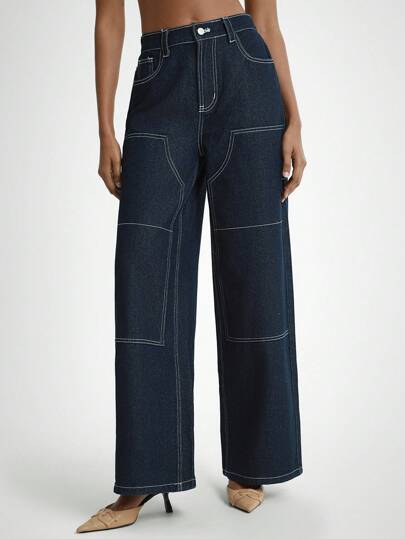 Daynim 女式休闲度假纽扣门襟阔腿牛仔裤