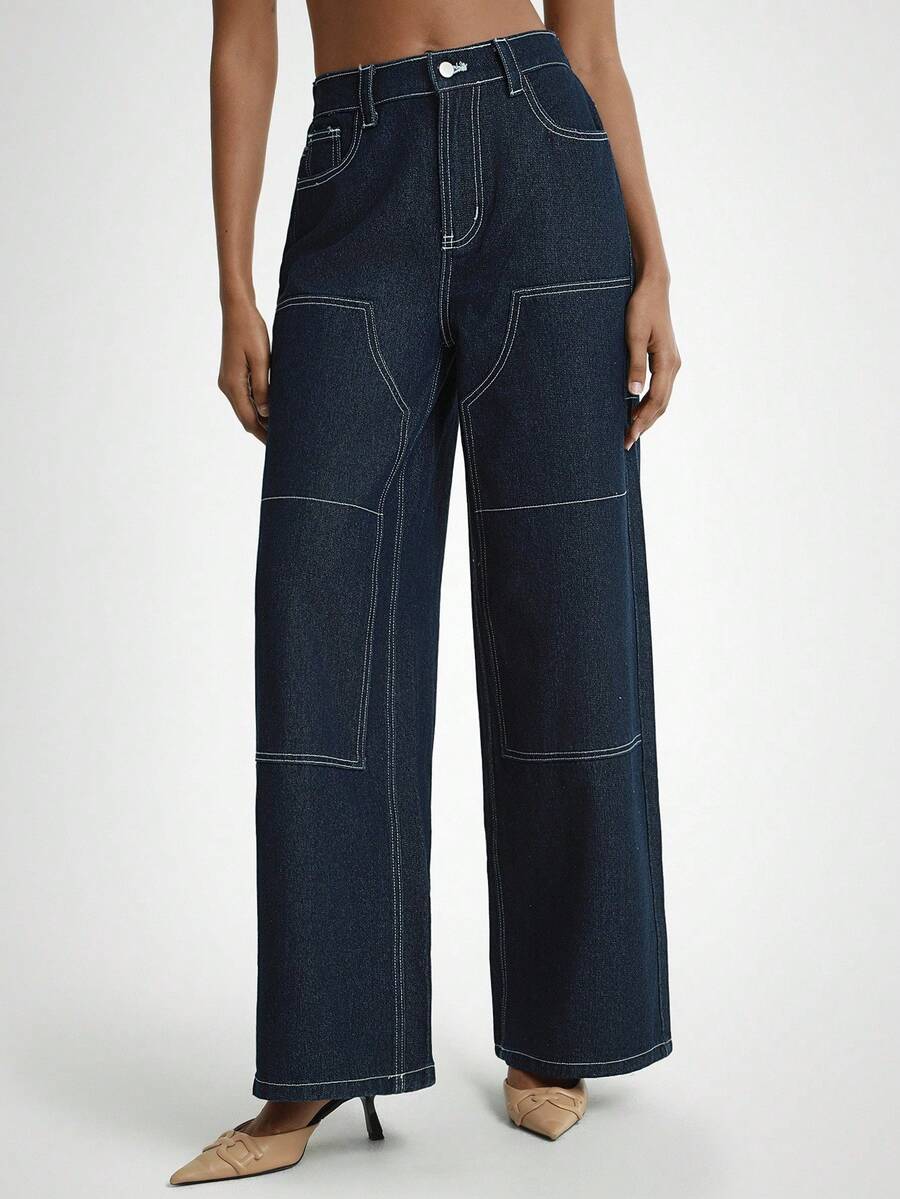 Daynim Women's Casual Vacation Button Fly Wide Leg Jeans Casual Pants Going Out Pants - Dark Wash - View 1