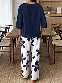 SHEIN PETITE 2pcs Women Casual Solid V-Neck Drop Shoulder Top And Floral Print Pants Set - Navy Blue - View 2
