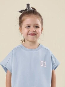 SUMWON Future Icon 女童两件套夏季休闲宽松T恤和短裤套装，春季时尚日常童装街头风秋冬款 - 藍色 - 查看 5
