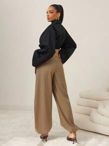 Vixey Casual Solid Color Drawstring Ankle Pants, Business Casual Woman, Office - Brown - View 3