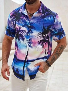 Manfinity Dauomo Men's Palm Tree Printed Short Sleeve Shirt - Purple - View 6
