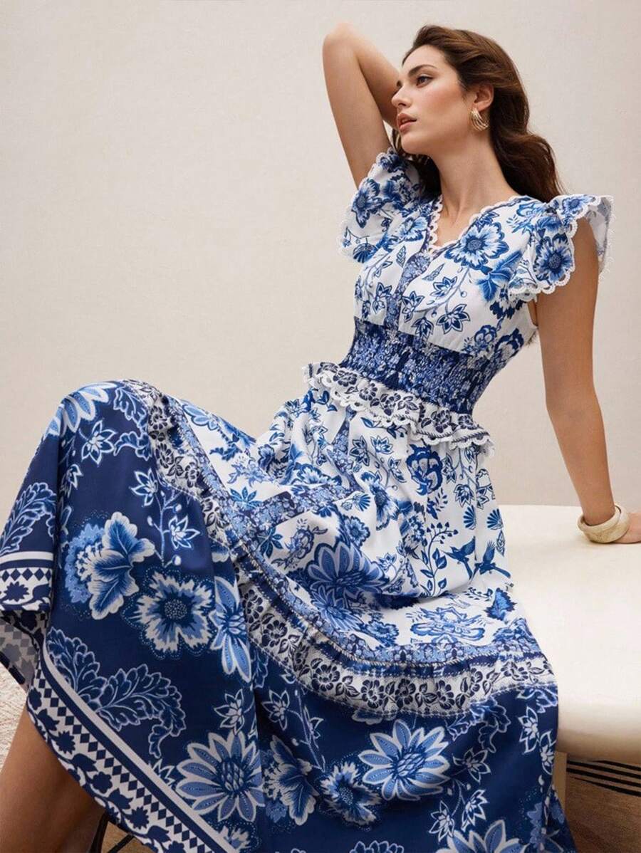 Modelyn Women's Shirred Cap Sleeve Self Tie Waist Long Floral Print Dress For Vacation, Women Casual Dress, Woman S Summer Clothes,Vacaciones Relax,Summer Dresses For Women,Vacation Outfits Woman,Bohemian Clothes,Vacation Outfits