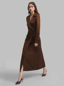 Ontre Women's Brown Autumn And Winter Wrap Dress, Lapel Long Sleeve Tie V-Neck Dress, Waist Loose Casual Commuter Brown Business Dress, Teacher Dress