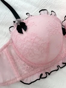 DelicateAllure 粉色字母图案可爱蕾丝设计时尚聚拢文胸，粉色蕾丝文胸，可爱聚拢文胸，蕾丝半罩杯文胸，舒适优雅细节内衣文胸 - 粉色 - 查看 3