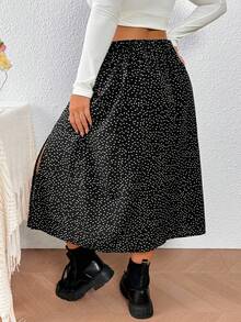 SHEIN PETITE CURVE 大码中长款开衩圆点休闲度假裙 - 黑色 - 查看 2