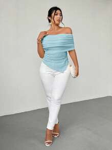 Firerie قميص كاجوال أنيق للنساء ذوات الأحجام الكبيرة، قطع الكتف، قماش مموج مرن، حواف غير متماثلة، مناسب للربيع والصيف