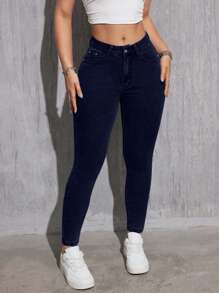 SHEIN Cottnline Women's Casual Solid Color Front Button Skinny Jeans - Dark Wash - View 5