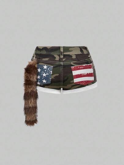 J-Fashion Y2K Baddie Flag & Star Print Low Waist Denim Shorts