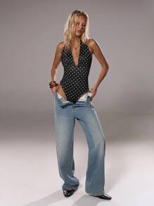 TRNVIE 女士休闲透明深V领波尔卡圆点腰部弹性紧身衣，夏季 - 黑與白 - 查看 6