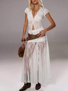 TRNVIE 1pc Women's White Fashion Vacation Embroidered Waist Cinched Deep V-Neck Short Sleeve Bohemian Style Summer Blouse,Fall Clothes For Women ,Boho Party - White - View 8