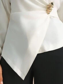 Flouryn Plus Size Elegant White Women Blouse,Metal Decor Pleated Design Long Sleeve Solid Color Versatile Top For Autumn Dinner Party Business Casual Work - Beige - View 6