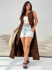 Solflare 大码女式纯色单排扣圆领无袖休闲连衣裙 - 棕色 - 查看 4