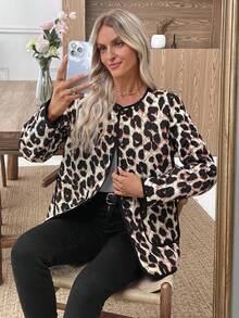 EMERY ROSE 女士时尚豹纹双口袋夹克，秋冬女士冬装冬季外套冬季外套女士冬装女士冬季外套女士冬装女士秋季服装 - 棕色 - 查看 1