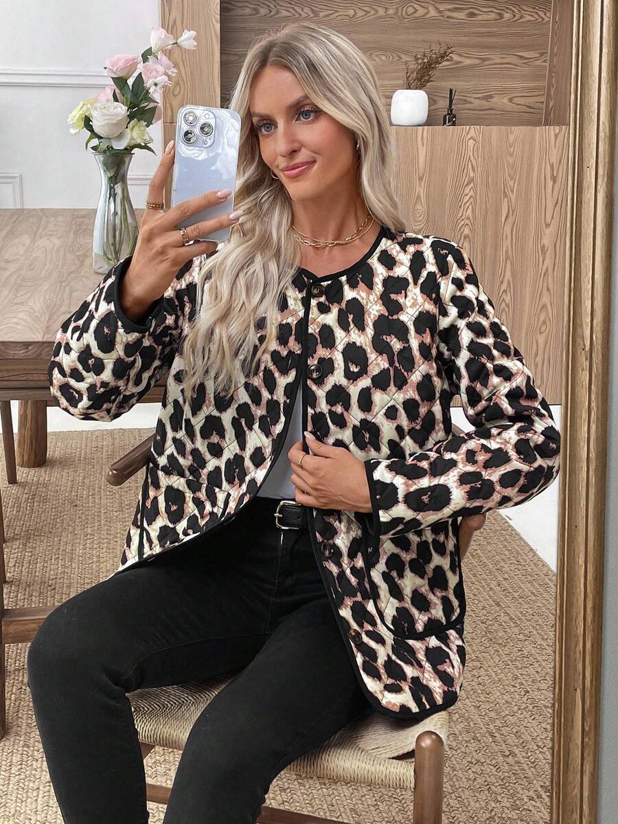 EMERY ROSE 女士时尚豹纹双口袋夹克，秋冬女士冬装冬季外套冬季外套女士冬装女士冬季外套女士冬装女士秋季服装 - 棕色 - 查看 1