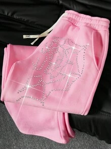 PAVTROS Manfinity Streetrush Men's Light Pink Summer Streetwear Graphic City Break Heart Rhinestone Decor Loose Fit Long Pants,2000s Style Music Festival - Pink - View 5