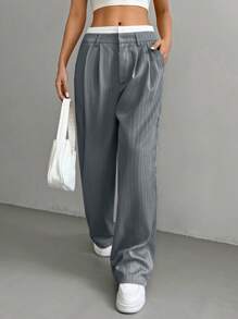SHEIN EZwear Calças compridas cinza de perna larga com listras e zíper para um visual casual moderno Calças plissadas de cintura alta Calças cinza risca de giz para outono/inverno