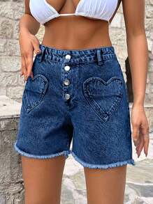 EURMUSE 100%Cotton HEART POCKET DETAIL HIGH WAIST SHORT - Medium Wash - View 6