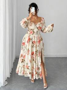 Elenzga 万圣节加大码女士优雅法式时尚个性化荷叶边泡泡袖修身长裙，适合日常穿着、外出、通勤，秋季女装 - 彩色 - 查看 5