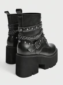 Sugerpunk 女式新款金属链厚底侧拉链时尚8厘米高跟马靴 - 黑色 - 查看 4