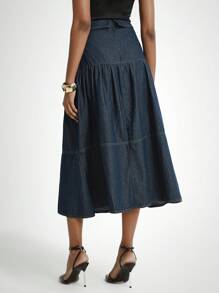 Daynim 女式休闲通勤牛仔荷叶边裙 - 深色水洗藍 - 查看 2