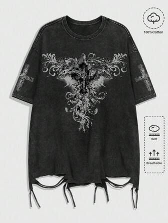Goth Herren lässiges, locker geschnittenes T-Shirt mit Rundhalsausschnitt und Kreuz-Muster, modisch, im Stil der 2000er Jahre