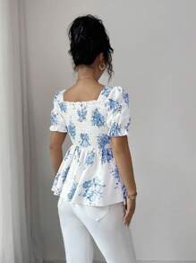 Elenzga 新款春夏法式紫色碎花腰部收紧优雅优质荷叶边领泡泡袖A字型女式复古短袖衬衫，适合教师 - 藍色 - 查看 2