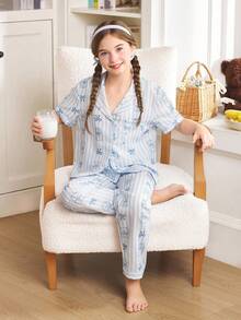 条纹可爱猫咪印花翻领女童睡衣 - 藍白色 - 查看 5