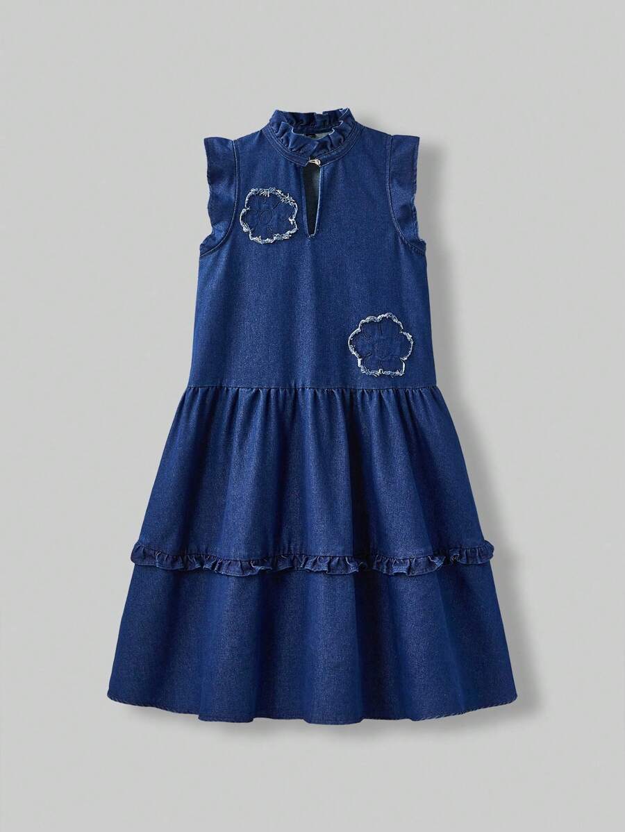 Ontre Tween Girl Floral Print Ruffle Hem & Sleeve Casual Dress - Medium Wash - View 1