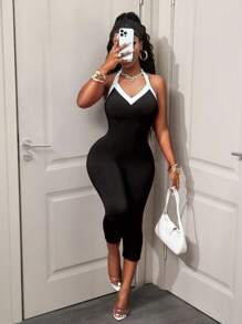 BamGleam 女式撞色露背吊带连体裤 - 黑與白 - 查看 3