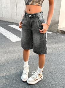 SHEIN 少女休闲灰色纽扣口袋牛仔短裤 - 深灰色 - 查看 4