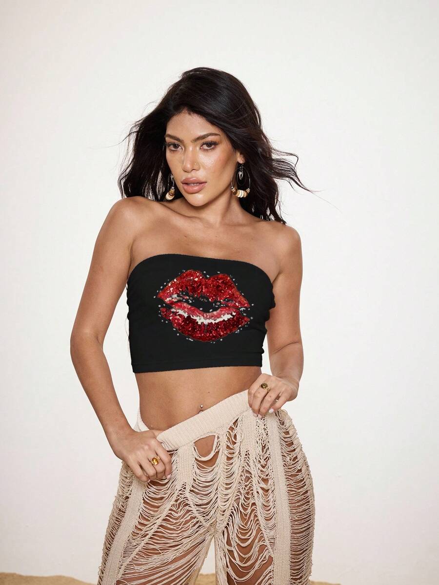 Shutterstock Glamance Women's Lip Print Fitted Y2k Cropped Bandeau Top Tube Top With Bra Lips Tube Top SXY 2000s Cute Top Back To School Club Sexy - Red and Black - View 1