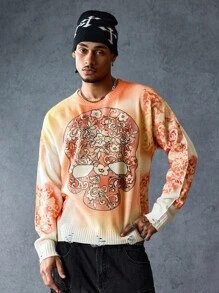 ROMWE MEN Street Life Suéter de cuello redondo con estampado de calavera para hombre, ropa urbana, Halloween - Multicolor - Ver 5