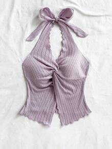 Soleia Fashionable Sexy Halter Tied Twist Hem Slit Backless Camisole,Rave Top - Mauve Purple - View 5