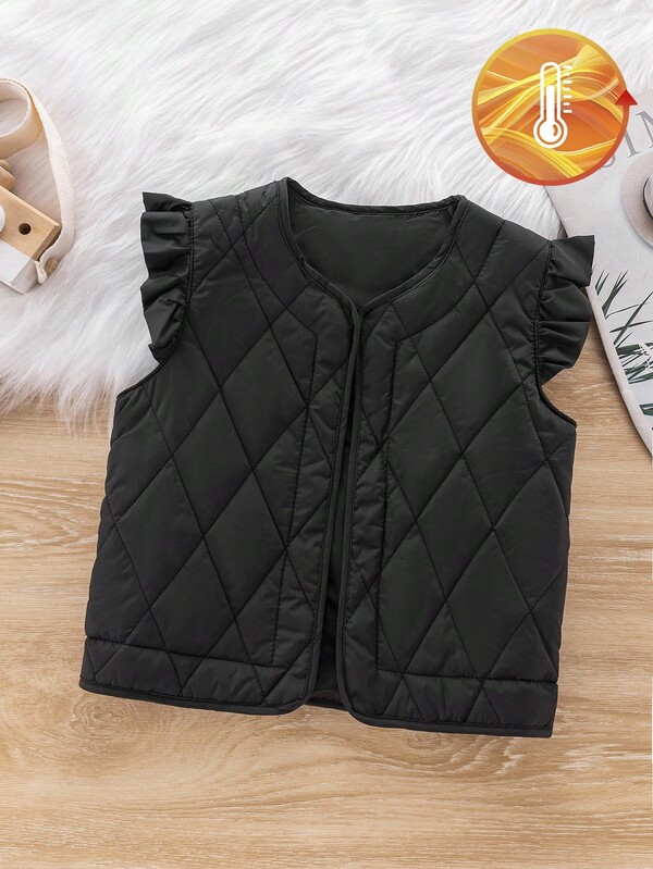 Genkimix Kids Gilet matelassé en coton pour jeune fille (petit), nouveau style d'hiver, motif diamant, manches bouffantes, mode et mignon, gilet matelassé en coton pour bébés filles, vêtement d'extérieur polyvalent