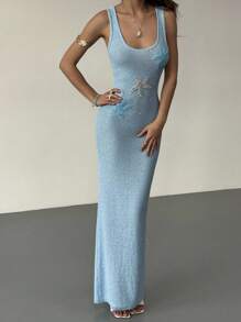 Aloruh 春夏季度假紧身方领亮片海星长袖修身连衣裙 - 淺藍色 - 查看 3