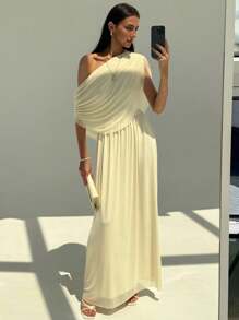 Aloruh New Draped Ruched Shoulder Slim Fit Maxi Party Vacation Holiday Dress, Versatile Lightweight Formal Gown Wedding Pale Yellow Summer Elegant - Beige - View 7