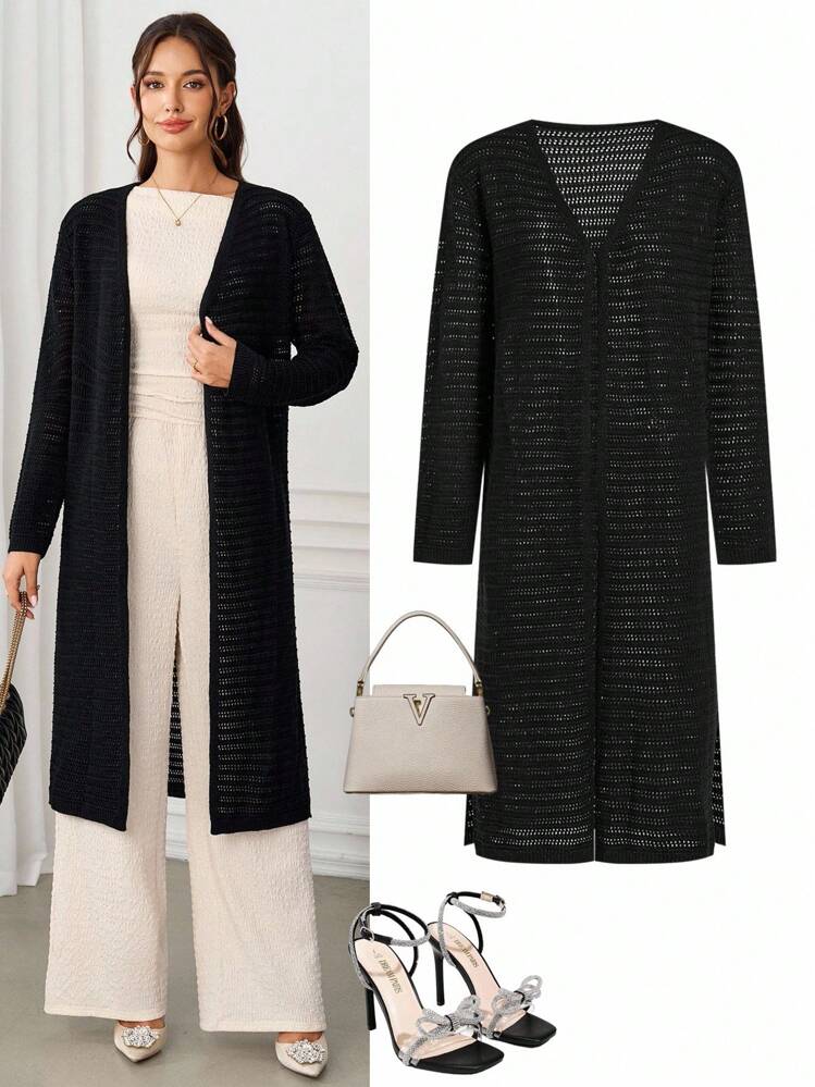 Ellevyn كارديجان أنيق أسود بأكمام طويلة مع حافة مشقوقة للنساء، كنزة صوفية صوفية سوداء بأكمام طويلة للخريف المبكر، كنزة صوفية محبوكة للموسم الخريفي، للمعلمات، ملابس علوية أكمام طويلة للخريف للنساء، سترات كارديجان للنساء - الأسود - مشاهدة 1